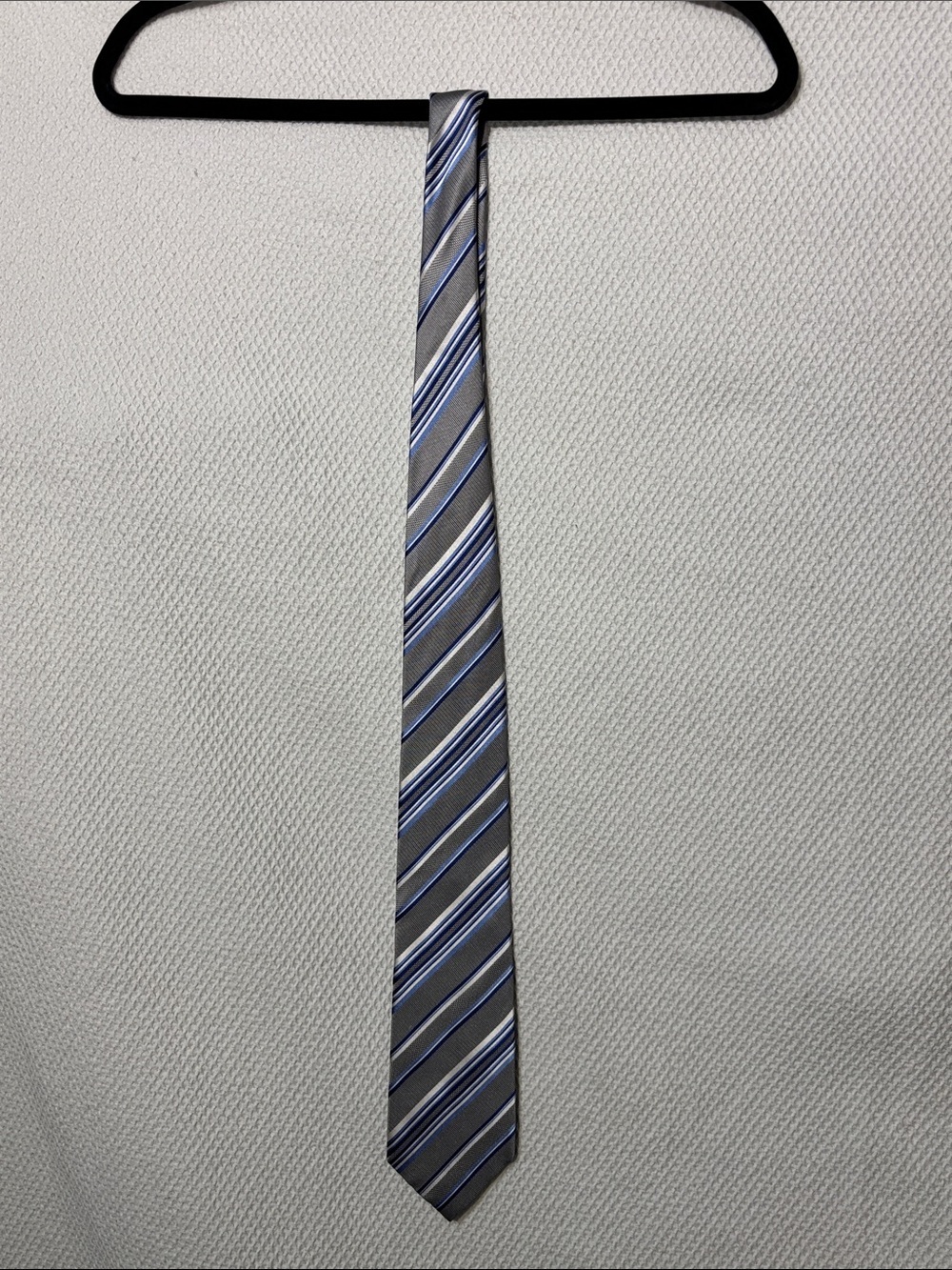 Balmain Paris Gray Tie with Blue and White Stripes 100% Silk